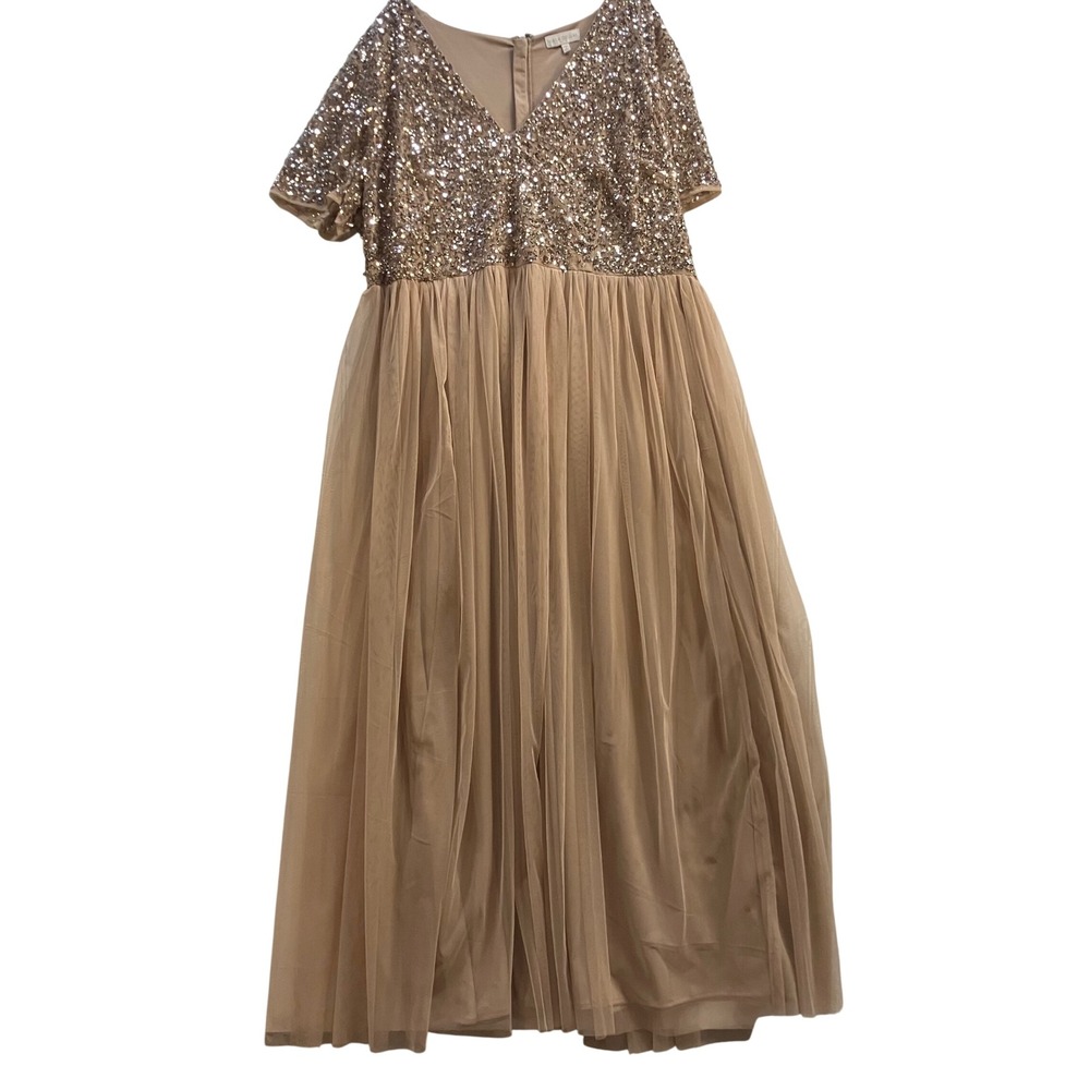 Maya Deluxe Women Taupe Sequin Tulle Maxi Gown Dress V-Neck Plus Size 22 Formal
